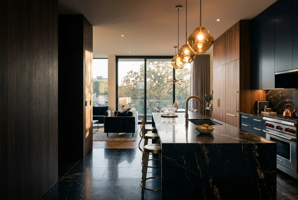 An immaculate luxury kitchen with marble surfaces, navy cabinetry, and golden light